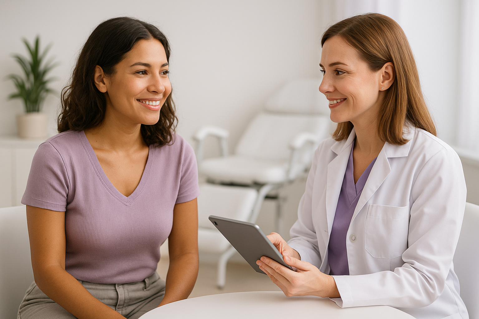 Paciente em consulta ginecológica com médica em consultório moderno.