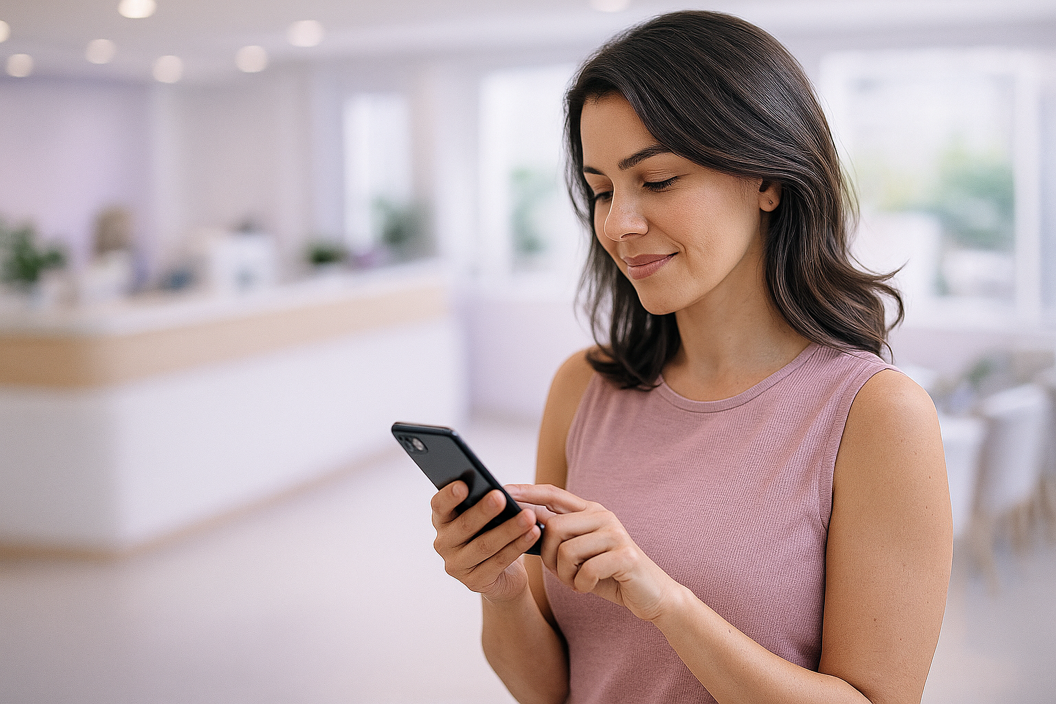 Mulher realizando check-in antecipado pelo celular em recepção de clínica moderna.